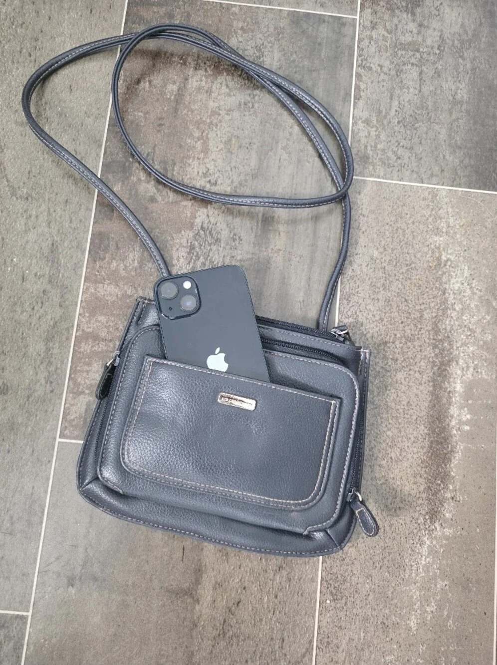 Compact Navy Crossbody with Front Pocket and Gold Accent